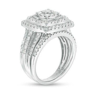 1.29 CT. T.W. Multi-Diamond Cushion Frame Multi-Row Bridal Set in 10K White Gold