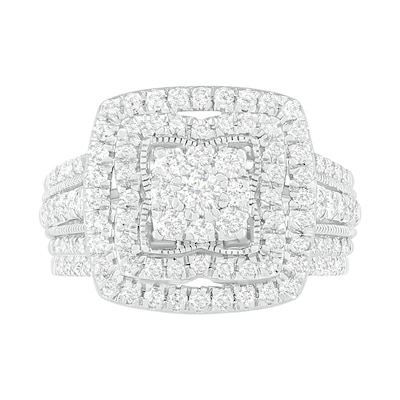 1.29 CT. T.W. Multi-Diamond Cushion Frame Multi-Row Bridal Set in 10K White Gold