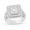 1.23 CT. T.W. Composite Princess Diamond Frame Vintage-Style Bridal Set in 10K White Gold