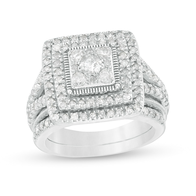 1.23 CT. T.W. Composite Princess Diamond Frame Vintage-Style Bridal Set in 10K White Gold|Peoples Jewellers