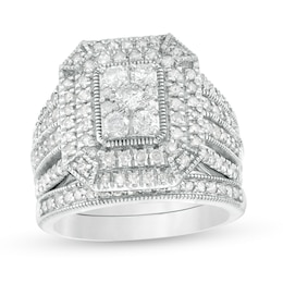 1.29 CT. T.W. Composite Emerald Diamond Rectangle Frame Multi-Row Vintage-Style Bridal Set in 10K White Gold