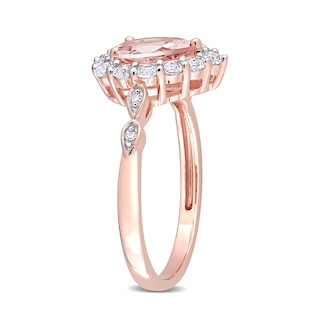 Pear-Shaped Morganite, White Topaz and Diamond Accent Frame Double Leaf-Sides Ring in 10K Rose Gold