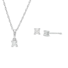 0.29 CT. T.W. Princess-Cut Diamond Solitaire Pendant and Stud Earrings in 10K White Gold