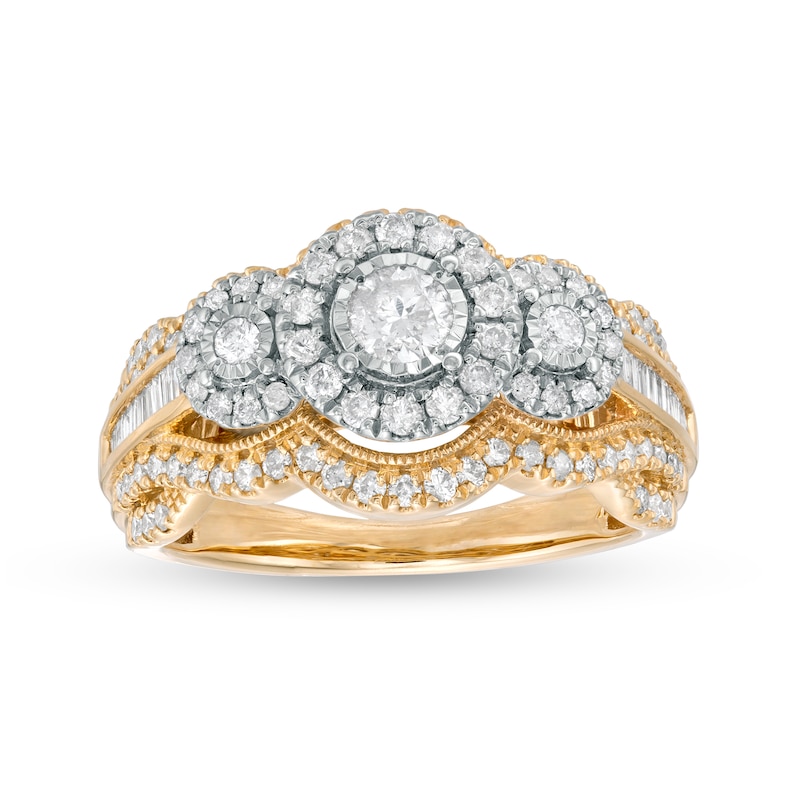 Main Image 1 of 1.00 CT. T.W. Diamond Frame Past Present Future® Vintage-Style Engagement Ring in 10K Gold