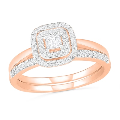 0.37 CT. T.W. Princess-Cut Diamond Double Cushion Frame Bridal Set in 10K Rose Gold