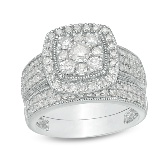 1.29 CT. T.W. Cushion Multi-Diamond Frame Multi-Row Vintage-Style Bridal Set in 10K White Gold