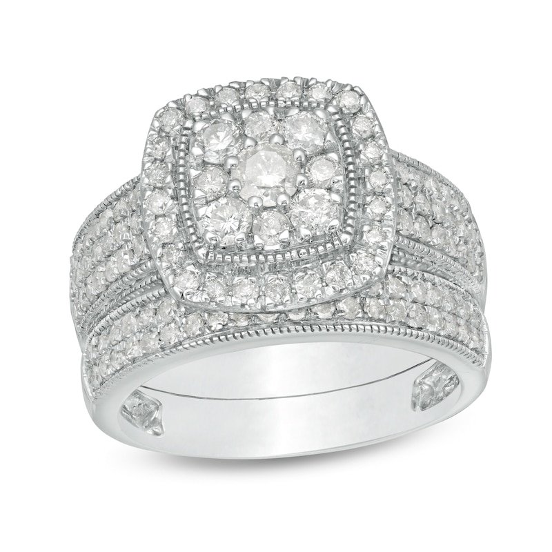 1.29 CT. T.W. Cushion Multi-Diamond Frame Multi-Row Vintage-Style Bridal Set in 10K White Gold|Peoples Jewellers