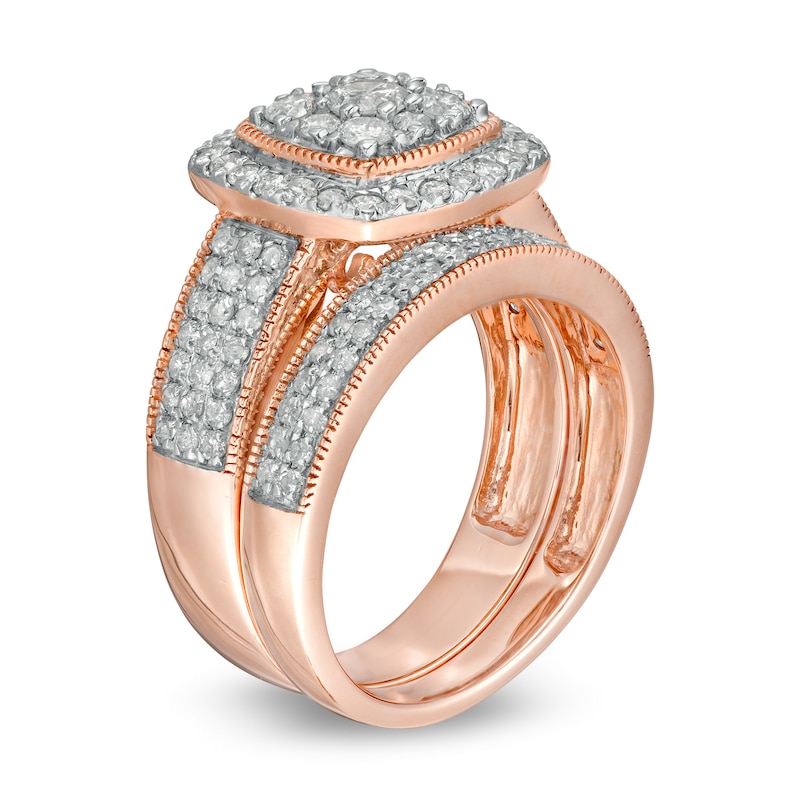 1.29 CT. T.W. Composite Cushion Diamond Frame Multi-Row Vintage-Style Bridal Set in 10K Rose Gold|Peoples Jewellers