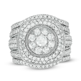 2.23 CT. T.W. Composite Diamond Cushion Frame Multi-Row Vintage-Style Three Piece Bridal Set in 10K White Gold