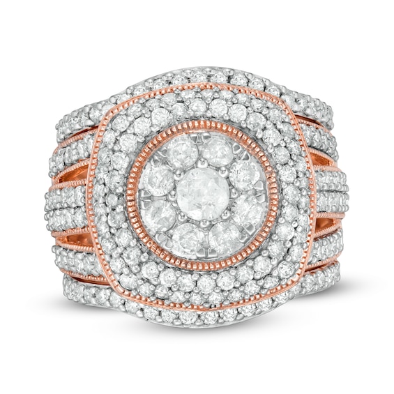 2.23 CT. T.W. Composite Diamond Cushion Frame Multi-Row Vintage-Style Three Piece Bridal Set in 10K Rose Gold