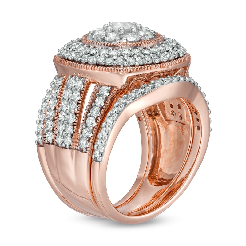 2.23 CT. T.W. Composite Diamond Cushion Frame Multi-Row Vintage-Style Three Piece Bridal Set in 10K Rose Gold|Peoples Jewellers