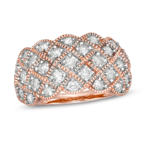 0.95 CT. T.W. Composite Diamond Quilted Multi-Row Vintage-Style Ring in 10K Rose Gold