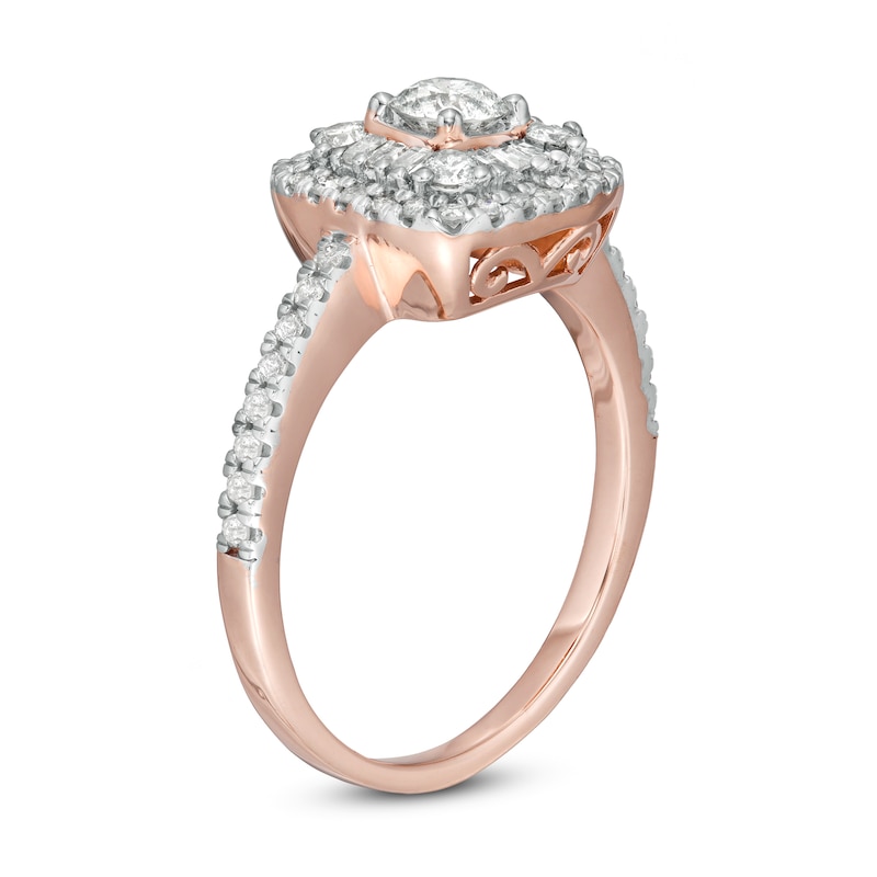 0.69 CT. T.W. Baguette and Round Diamond Cushion Frame Ring in 10K Rose Gold|Peoples Jewellers