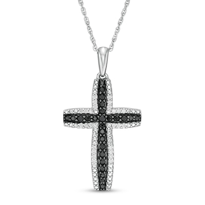 0.29 CT. T.W. Enhanced Black and White Diamond Cross Pendant in Sterling Silver