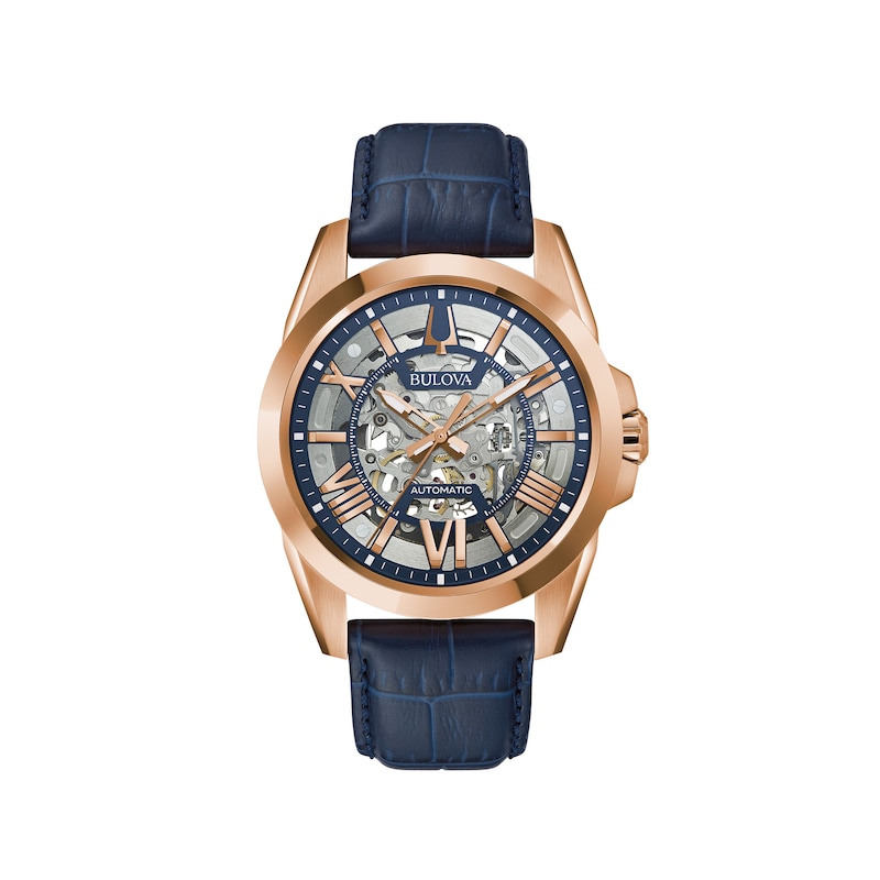 Men's Bulova Sutton Automatic Rose-Tone Strap Watch with Two-Tone Skeleton Dial (Model: 97A161)|Peoples Jewellers
