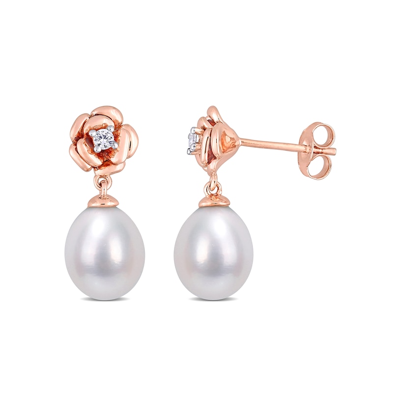 Baroque Freshwater Cultured Pearl and Lab-Created White Sapphire Rose Drop Earrings in Sterling Silver with Rose Rhodium|Peoples Jewellers