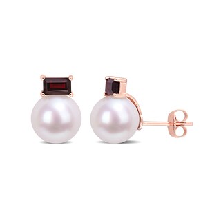 9.0-9.5mm Freshwater Cultured Pearl and Sideways Baguette Garnet Stud Earrings in 10K Rose Gold