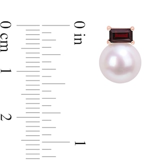 9.0-9.5mm Freshwater Cultured Pearl and Sideways Baguette Garnet Stud Earrings in 10K Rose Gold