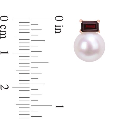 9.0-9.5mm Freshwater Cultured Pearl and Sideways Baguette Garnet Stud Earrings in 10K Rose Gold