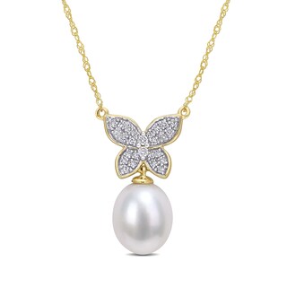 9.0-10.0mm Baroque Freshwater Cultured Pearl Drop and 0.13 CT. T.W. Diamond Butterfly Necklace in 10K Gold-17"