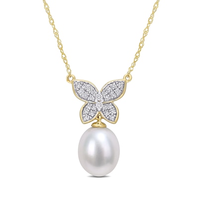 9.0-10.0mm Baroque Freshwater Cultured Pearl Drop and 0.13 CT. T.W. Diamond Butterfly Necklace in 10K Gold-17"