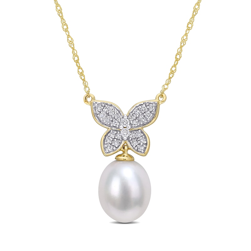 9.0-10.0mm Baroque Freshwater Cultured Pearl Drop and 0.13 CT. T.W. Diamond Butterfly Necklace in 10K Gold-17"|Peoples Jewellers