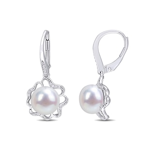 9.0-9.5mm Button Freshwater Cultured Pearl and 0.118 CT. T.W. Diamond Clover Frame Drop Earrings in Sterling Silver