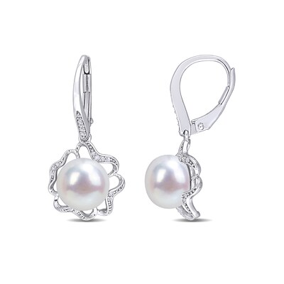 9.0-9.5mm Button Freshwater Cultured Pearl and 0.118 CT. T.W. Diamond Clover Frame Drop Earrings in Sterling Silver