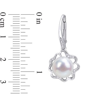 9.0-9.5mm Button Freshwater Cultured Pearl and 0.118 CT. T.W. Diamond Clover Frame Drop Earrings in Sterling Silver