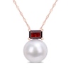 11.0-12.0mm Freshwater Cultured Pearl and Sideways Baguette Garnet Pendant in 10K Rose Gold-17"