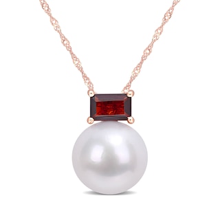 11.0-12.0mm Freshwater Cultured Pearl and Sideways Baguette Garnet Pendant in 10K Rose Gold-17"