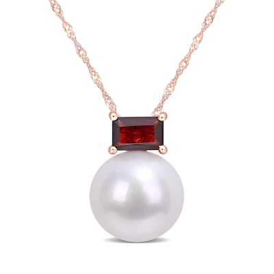 11.0-12.0mm Freshwater Cultured Pearl and Sideways Baguette Garnet Pendant in 10K Rose Gold-17"