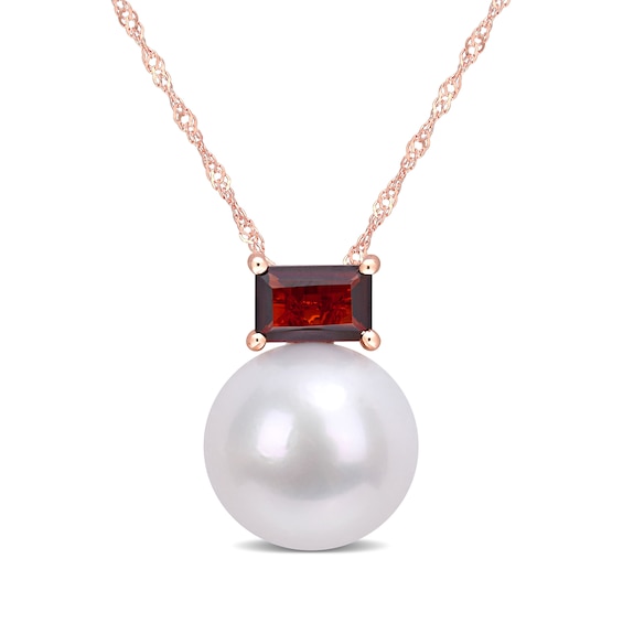 11.0-12.0mm Freshwater Cultured Pearl and Sideways Baguette Garnet Pendant in 10K Rose Gold-17"