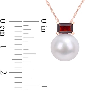 11.0-12.0mm Freshwater Cultured Pearl and Sideways Baguette Garnet Pendant in 10K Rose Gold-17"