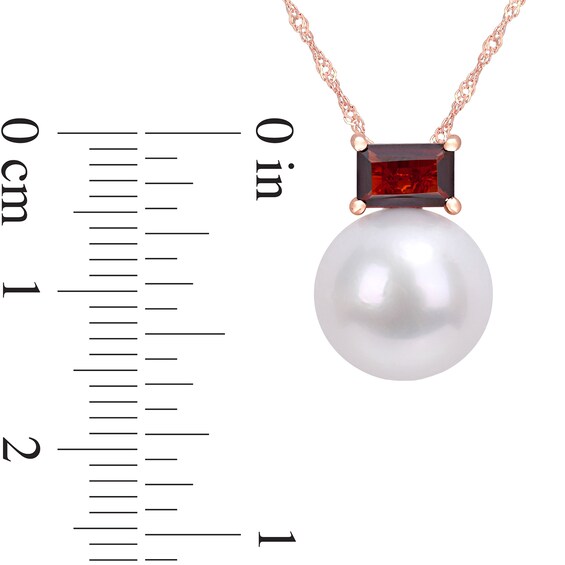 11.0-12.0mm Freshwater Cultured Pearl and Sideways Baguette Garnet Pendant in 10K Rose Gold-17"