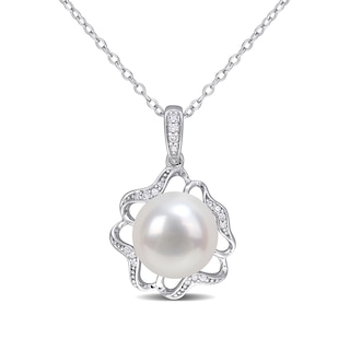 9.5-10.0mm Button Freshwater Cultured Pearl and 0.06 CT. T.W. Diamond Clover Frame Drop Pendant in Sterling Silver