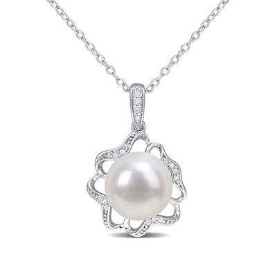 9.5-10.0mm Button Freshwater Cultured Pearl and 0.06 CT. T.W. Diamond Clover Frame Drop Pendant in Sterling Silver