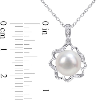 9.5-10.0mm Button Freshwater Cultured Pearl and 0.06 CT. T.W. Diamond Clover Frame Drop Pendant in Sterling Silver