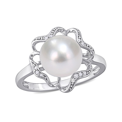 9.0-9.5mm Button Freshwater Cultured Pearl and Diamond Accent Clover Frame Ring in Sterling Silver