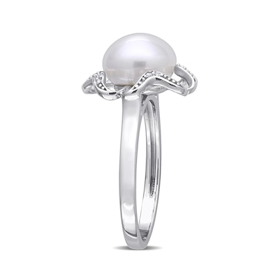 9.0-9.5mm Button Freshwater Cultured Pearl and Diamond Accent Clover Frame Ring in Sterling Silver