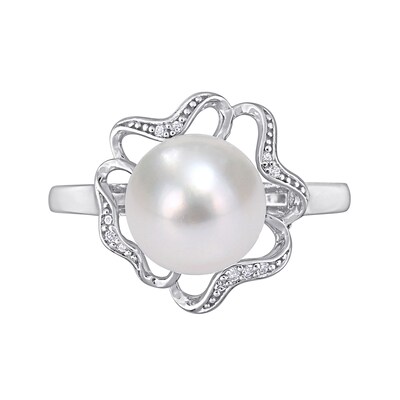 9.0-9.5mm Button Freshwater Cultured Pearl and Diamond Accent Clover Frame Ring in Sterling Silver