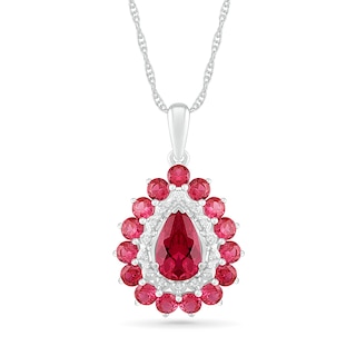 Pear-Shaped Lab-Created Ruby and White Sapphire Double Frame Drop Pendant in Sterling Silver