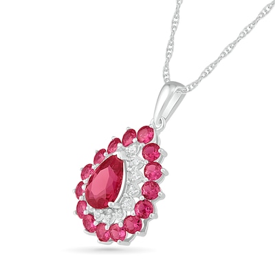 Pear-Shaped Lab-Created Ruby and White Sapphire Double Frame Drop Pendant in Sterling Silver