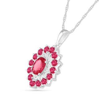 Oval Lab-Created Ruby and White Sapphire Double Frame Drop Pendant in Sterling Silver