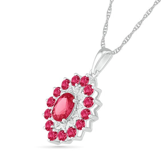 Oval Lab-Created Ruby and White Sapphire Double Frame Drop Pendant in Sterling Silver