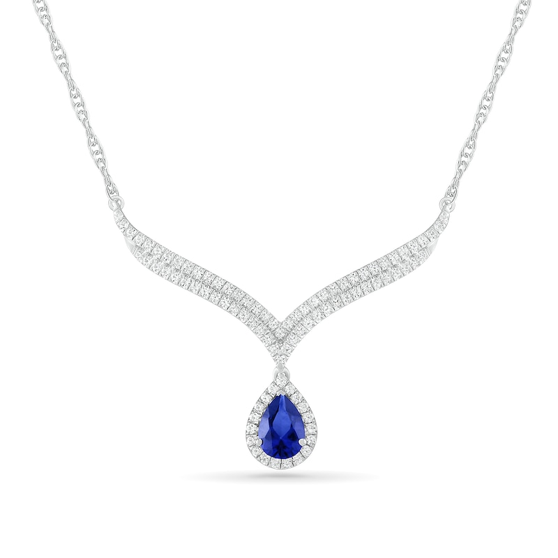 Pear-Shaped Lab-Created Blue and White Sapphire Frame Double Row Chevron with Teardrop Necklace in Sterling Silver|Peoples Jewellers