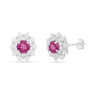 5.0mm Lab-Created and White Sapphire Frame Flower Stud Earrings in Sterling Silver