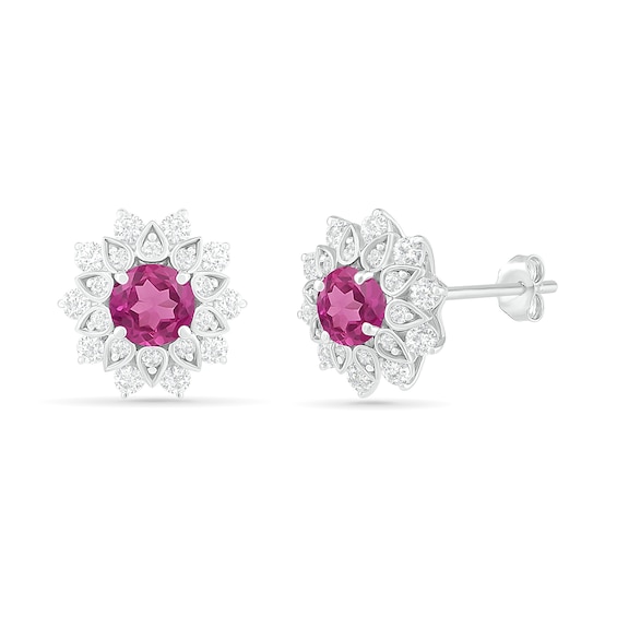 5.0mm Lab-Created and White Sapphire Frame Flower Stud Earrings in Sterling Silver