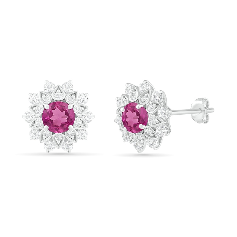 5.0mm Lab-Created and White Sapphire Frame Flower Stud Earrings in Sterling Silver|Peoples Jewellers