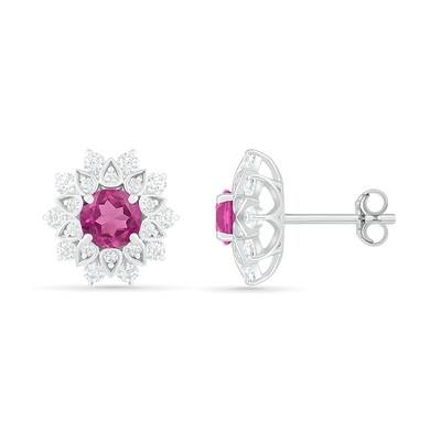 5.0mm Lab-Created and White Sapphire Frame Flower Stud Earrings in Sterling Silver